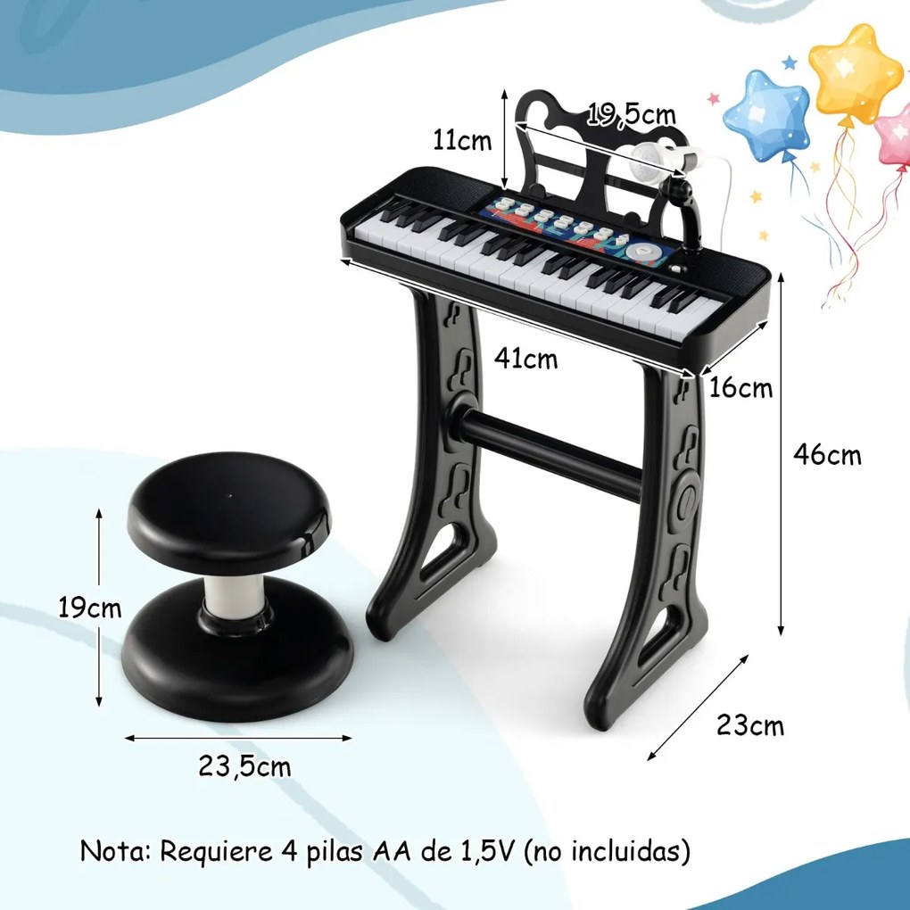 Piano eletrónico para crianças de 37 teclas com banco ajustável microfone removível suporte de música brinquedo eletrionico Preto