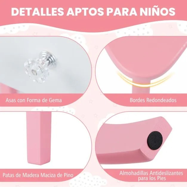 Conjunto de Toucador infantil Princesa 2 em 1 com espelho removível, luzes ajustáveis, banquinho e gaveta em imitação de madeira para maiores de 3 ano