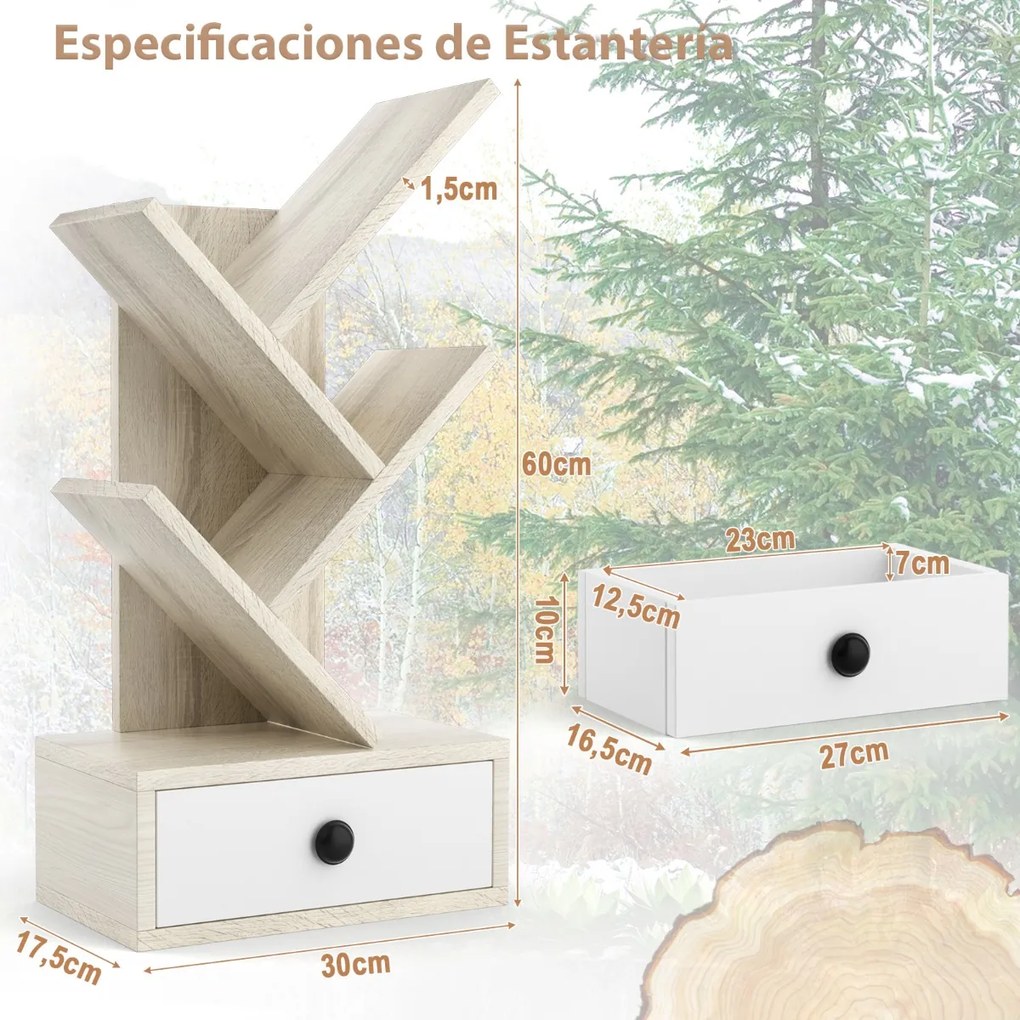 Estante forma de árvore de 5 camadas com gaveta utilitária e suporte para armazenamento de livros pequenos 30 x 17,5 x 60 cm Bege