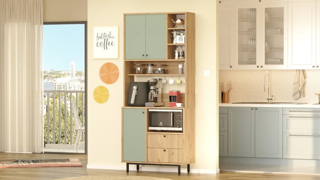 Armário Alto de Cozinha "Toledo" - Carvalho e Verde - 88x205x35.5cm -