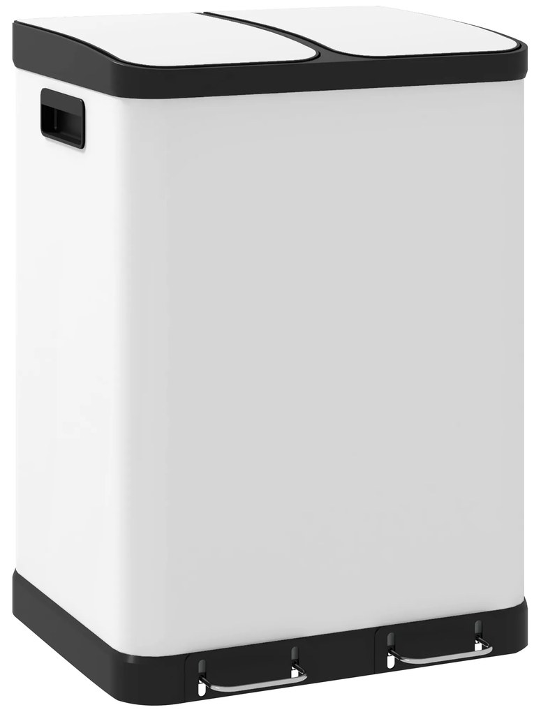 HOMCOM Cesto de lixo de cozinha 2 x 30L com pedal em aço inoxidável, 2 compartimentos, tampa com fecho suave, 60L, branco | Aosom Portugal