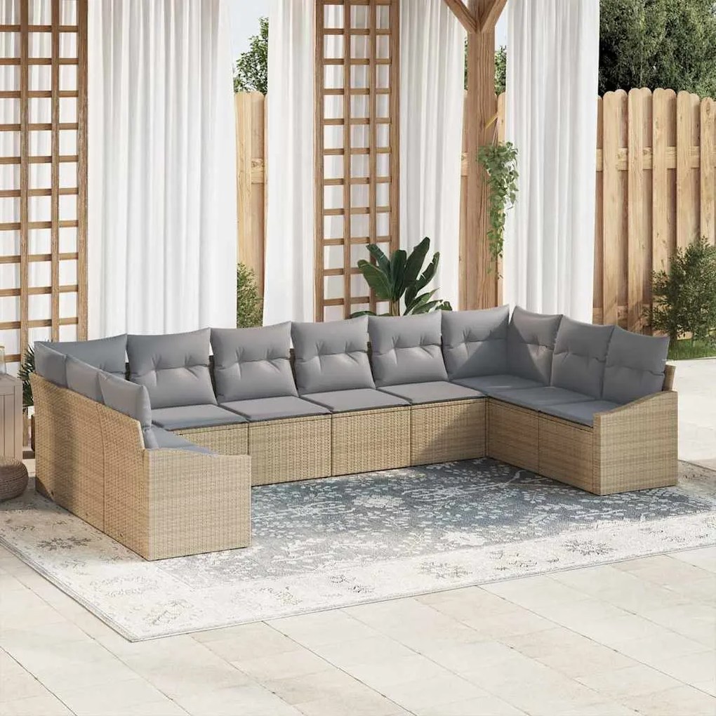 vidaXL Sofá de Jardim de 10 Peças com Almofadas Beges em Rattan Sintético
