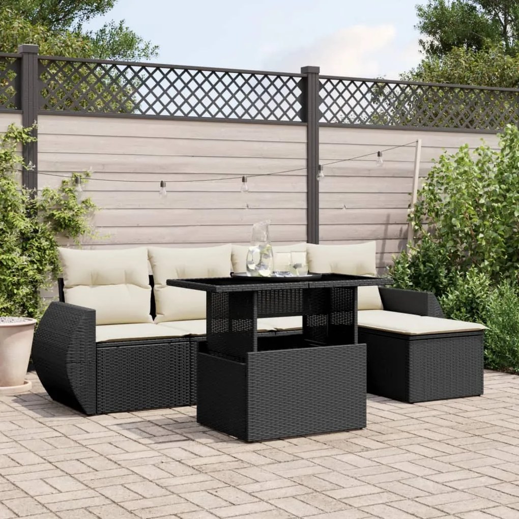 6 pcs conjunto sofás de jardim c/ almofadões vime PE preto