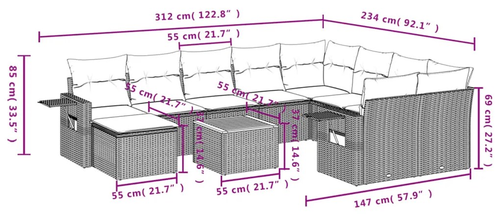 11 pcs conjunto sofás de jardim c/ almofadões vime PE bege