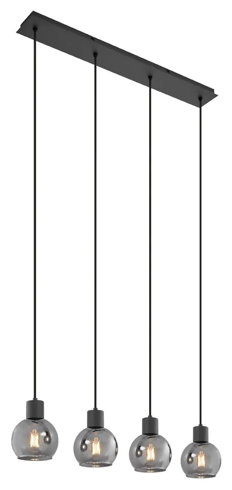 Candeeiro de suspensão Art Deco preto com vidro fumê oblongo 4 luzes - Vidro Art Deco