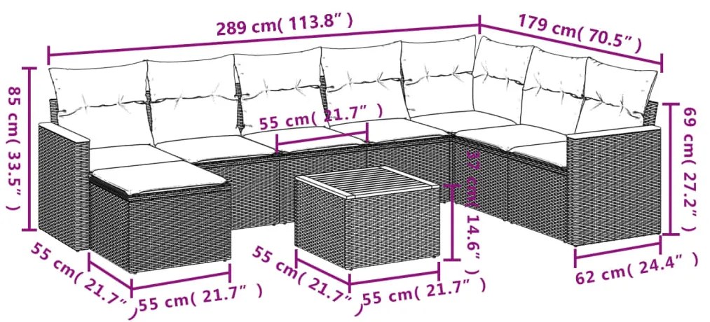 9 pcs conjunto de sofás p/ jardim com almofadões vime PE bege