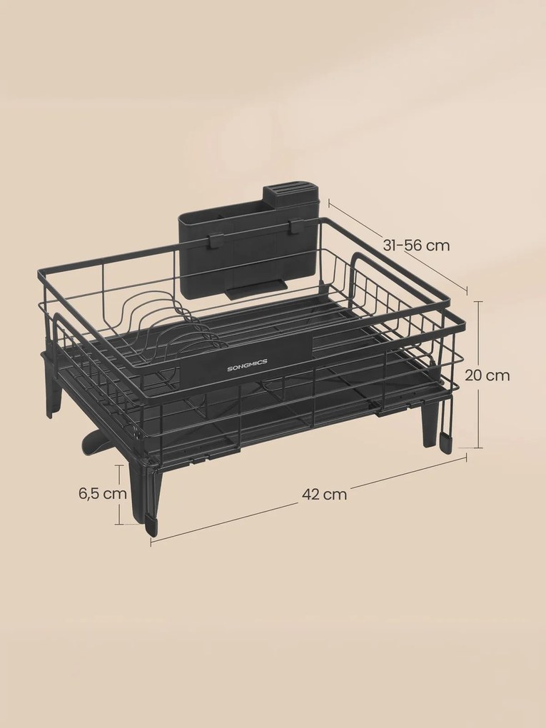Escorredor de pratos com bandeja extensível (31-56) x 42 x 20 cm, giratório em 360° preto