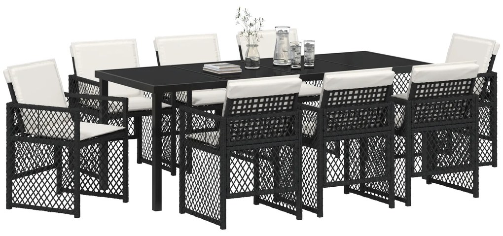 Conjunto de Jantar de Jardim de 9 Peças com Almofadas Rattan Preto