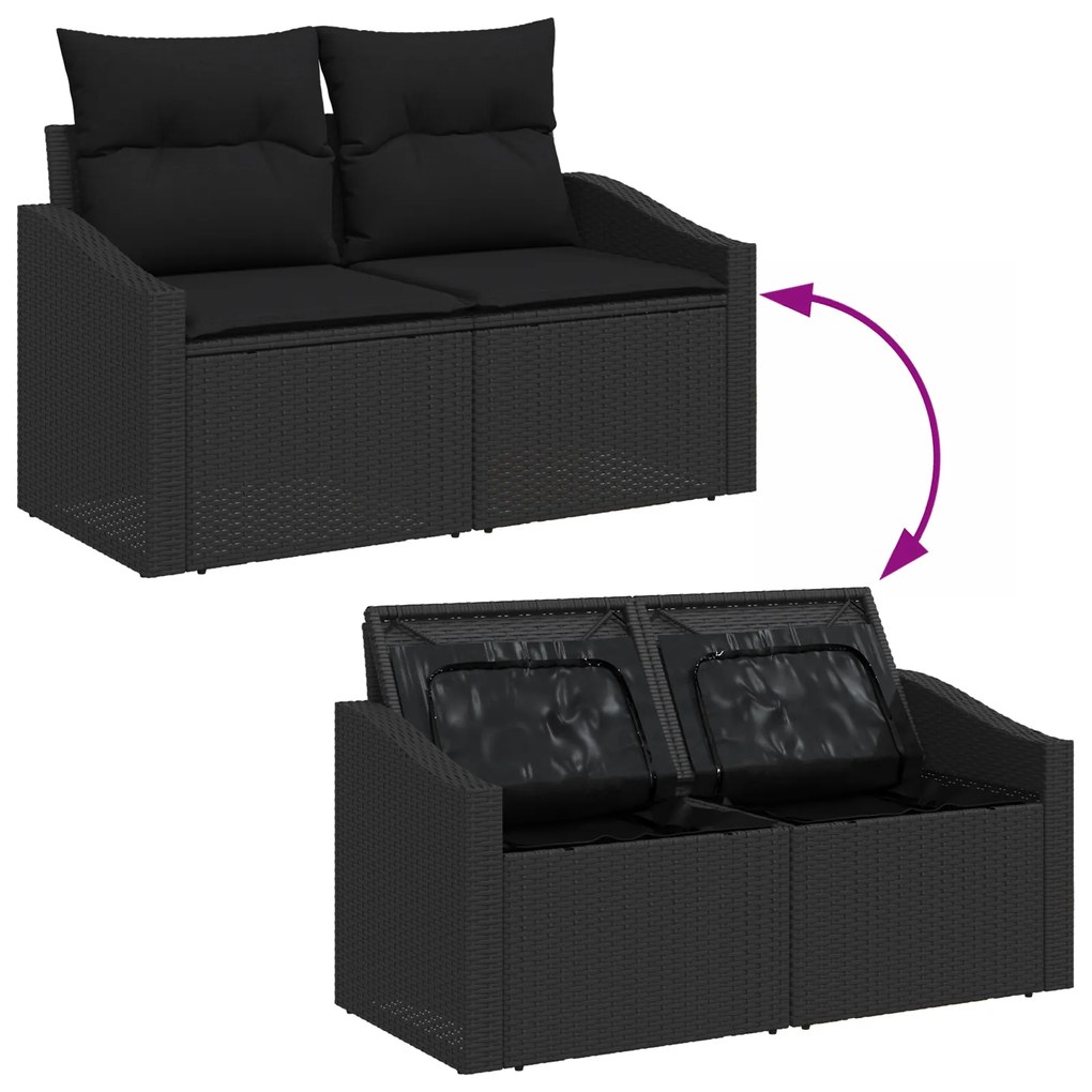 Conjunto de Sofá de Jardim de 7 Peças com Almofadas Preto em Rattan Po
