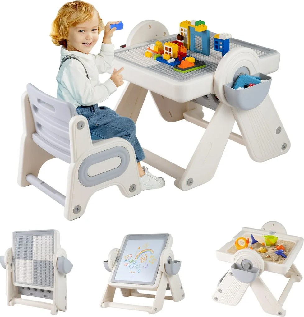 Conjunto de mesa e cadeira para crianças 6 em 1 Multi-atividade Cavalete dobrável para crianças com superfície reversível e ranhura Cinzento