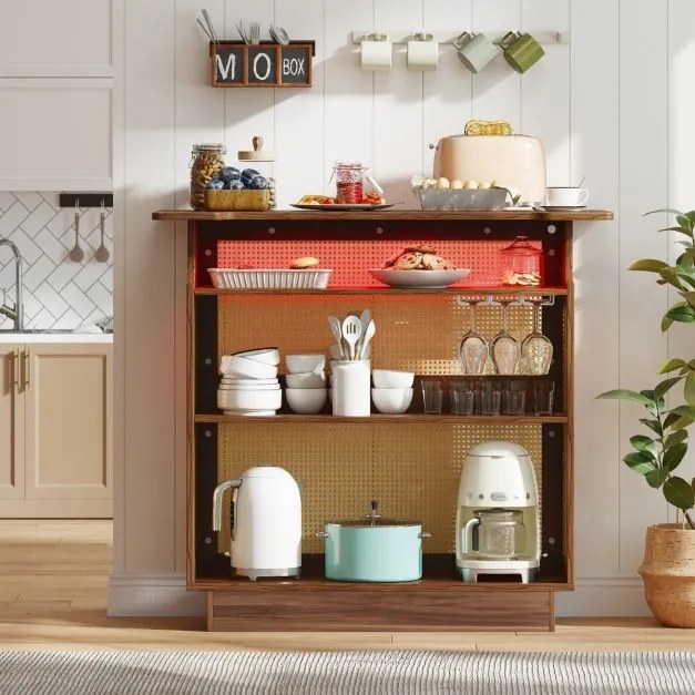 Mesa de bar com luz LED RGB e controlo por aplicação 120 x 55 x 110 cm em rattan com 3 suportes para copos e prateleiras Castanho