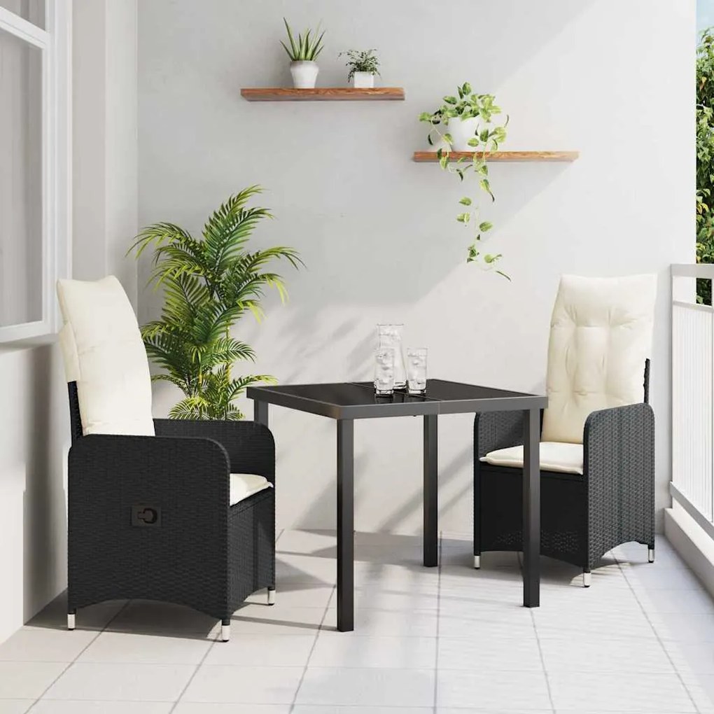 vidaXL Conjunto de Jantar para Jardim 3 Peças com Almofadas em Rattan Sintético Preto