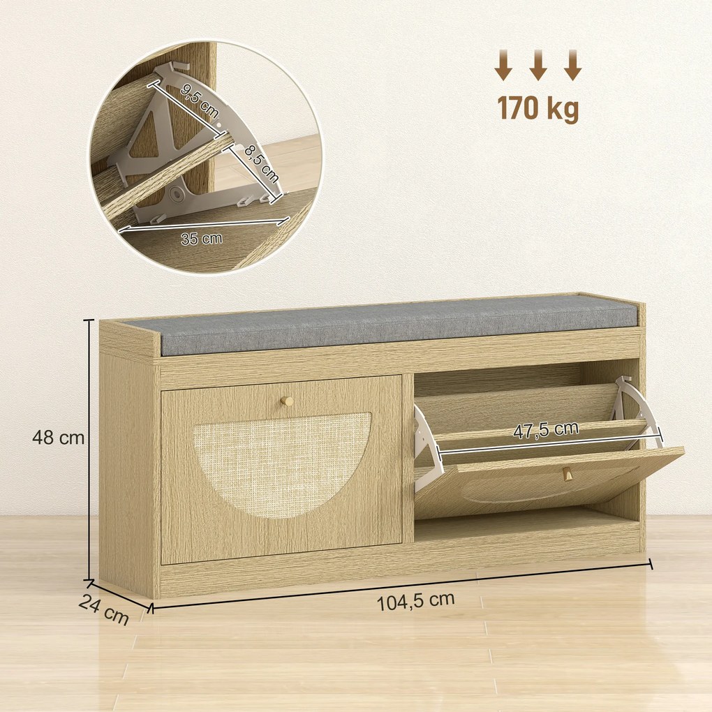 HOMCOM Banco Sapateira com Assento Acolchoado Portas em Vime Prateleira Ajustável para 8 Pares de Sapatos 104,5x24x48 cm Madeira
