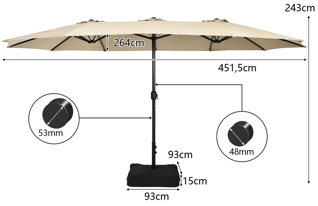 Guarda-sol duplo de 451,5 cm com base Sistema de manivela Estrutura metálica com 12 varas Ventilação para jardim Bege