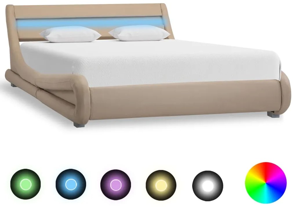 vidaXL Estrutura de cama c/ LED 140x200 cm couro artificial cappuccino