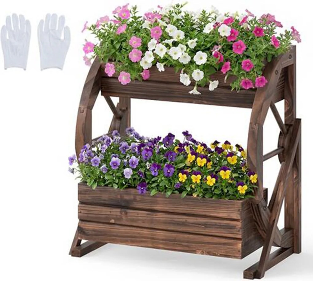Floreira de Jardim em Forma de Carrinho, 56 x 33 x 56,5 cm, Elevada de 2 Níveis, Castanho
