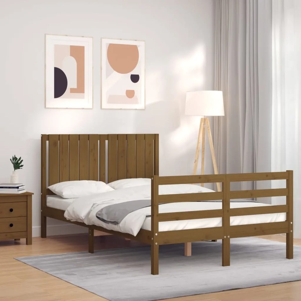 Estrutura de cama dupla pequena 4FT madeira maciça castanho-mel