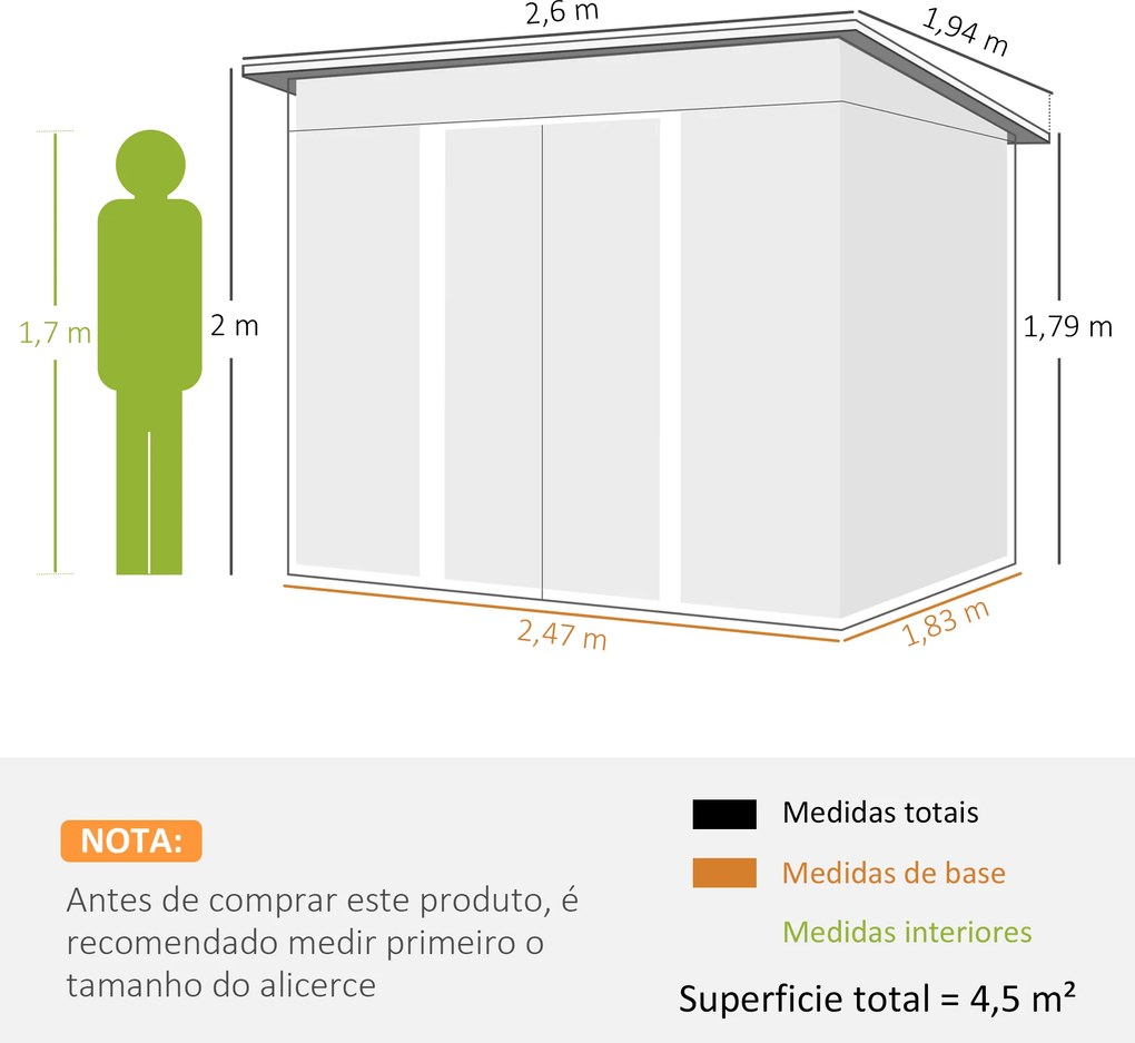 Abrigo de Jardim 4,5 m² 260x194x200 cm Abrigo Exterior Metálico com 2 Portas Deslizantes para Armazenamento de Ferramentas Cinza