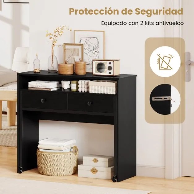 Secretária extensível, mesa pequena para computador com 2 gavetas e rodas 100 x 63 x 88 cm Preta