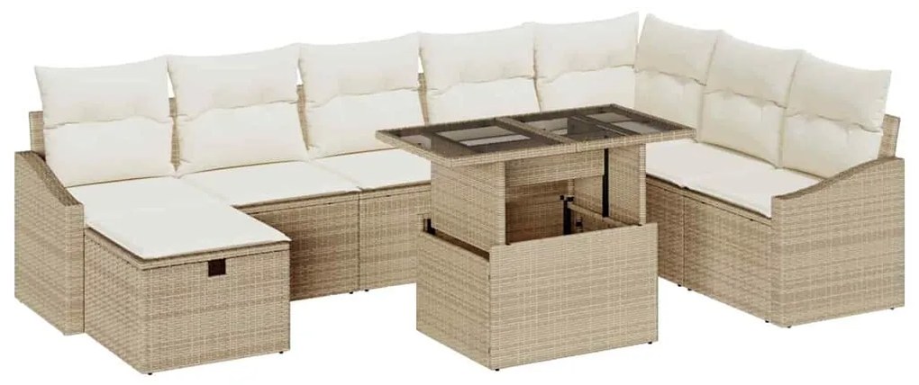 Sofá de Jardim 9 Peças com Almofadas de Rattan Sintético Bege