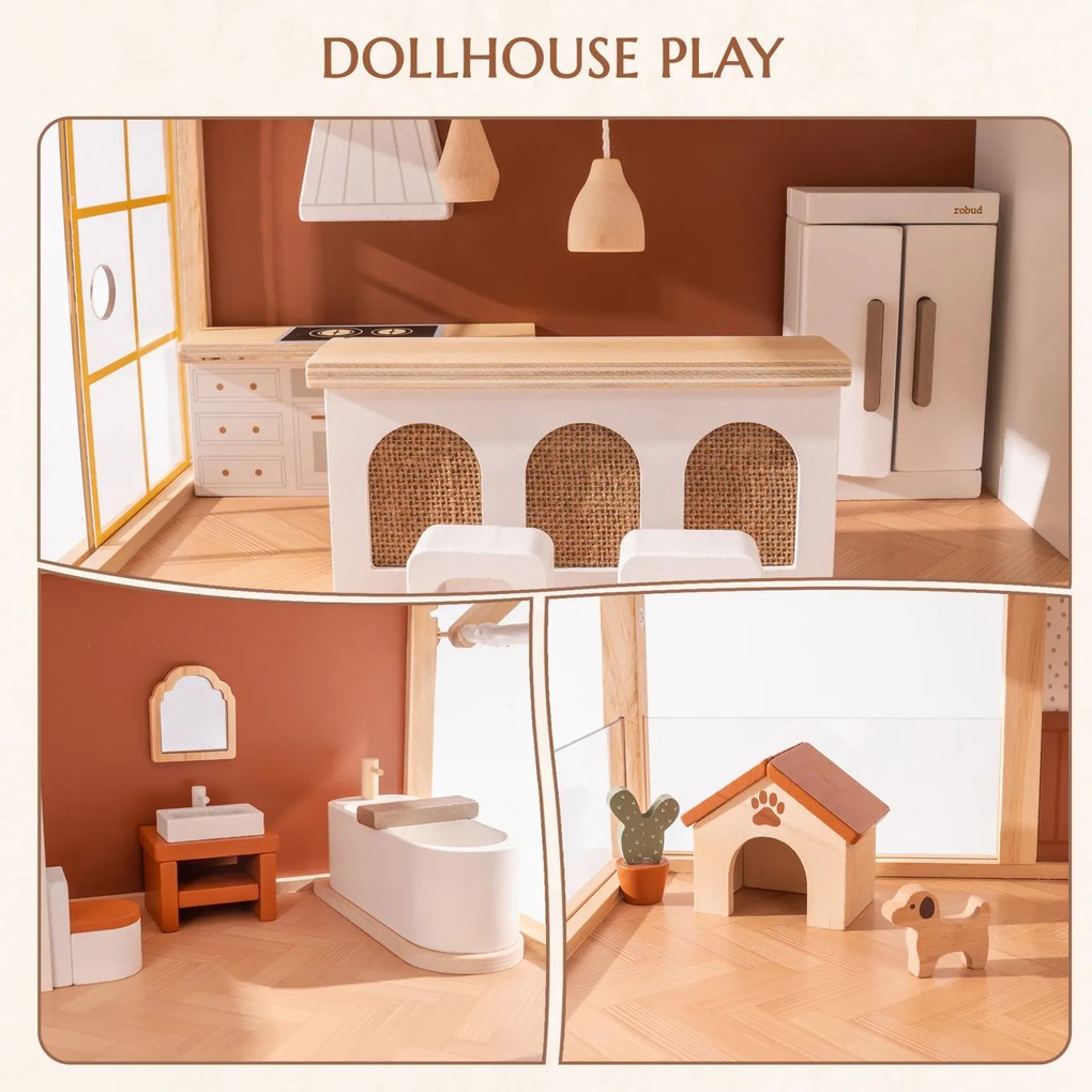 Casa de bonecas de madeira 62,7 x 66 x 29,7 cm com 37 peças de mobiliário Bohemian