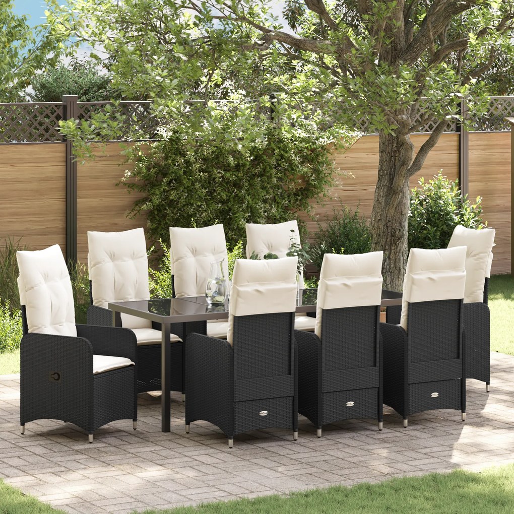 vidaXL Conjunto de Jantar de Jardim de 9 Peças com Almofadas Pretas em Rattan Poliéster