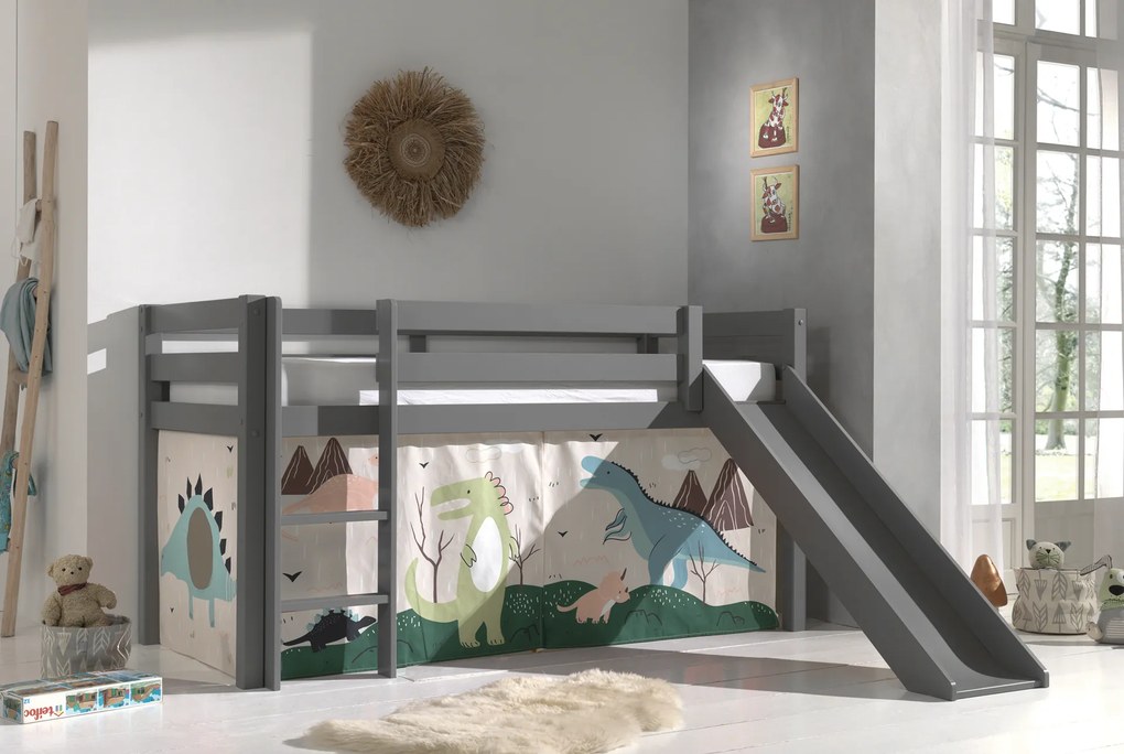 Cama alta de Criança PINO 90 x 200 cm + estrado + escada + escorrega + cortina Dinossauros Cinzenta