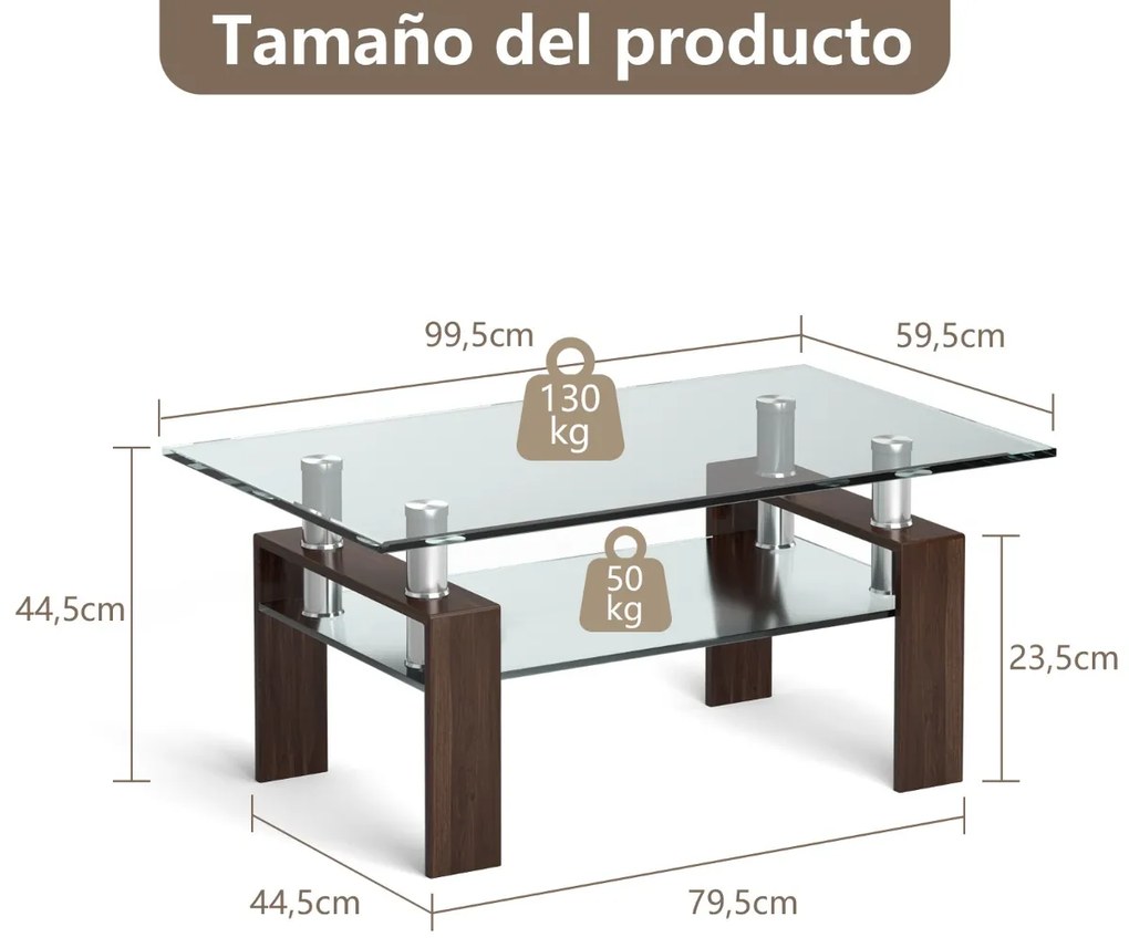 Mesa de centro retangular 99,5 x 59,5 x 44,5 cm com tampo de vidro, pernas metálicas e prateleira Castanho