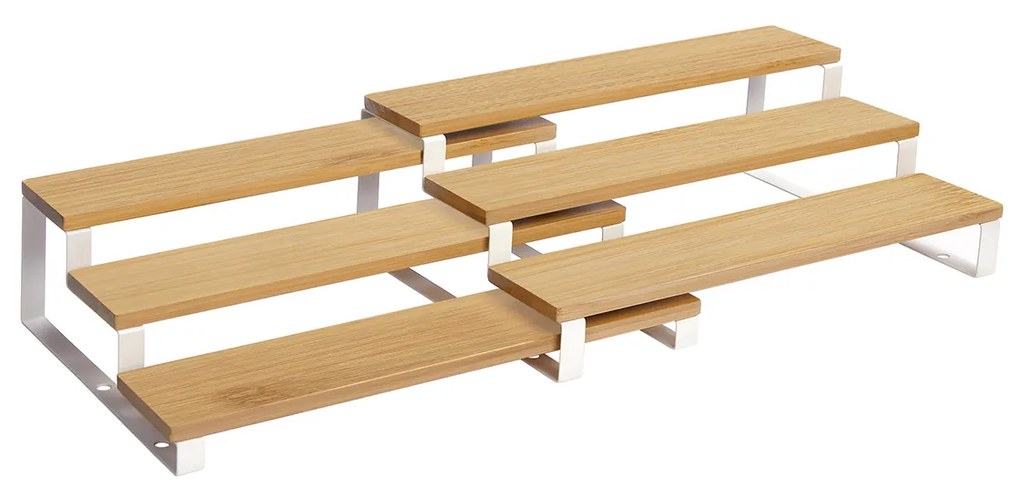 Rack de temperos SONGMICS, conjunto de 2 organizadores de prateleira de gabinete, suporte de tempero extensível de 3 camadas, bambu, empilhável, para despensa, armário, bancada, natural e branco KCS016N02