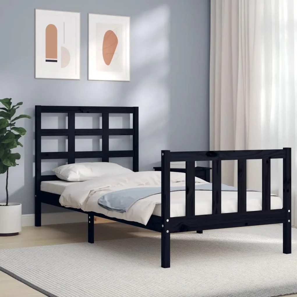 3192070 vidaXL Estrutura de cama com cabeceira 90x190 cm madeira maciça preto