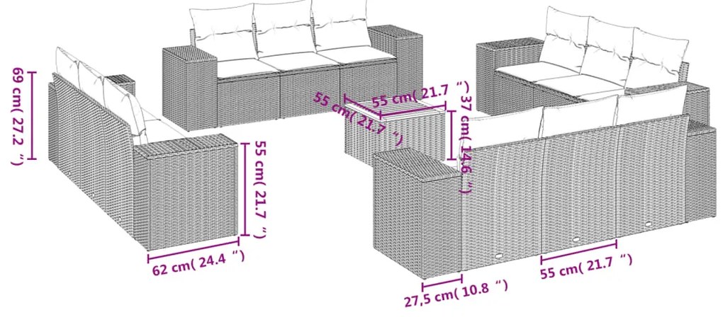 13 pcs conjunto de sofás de jardim com almofadões vime PE preto