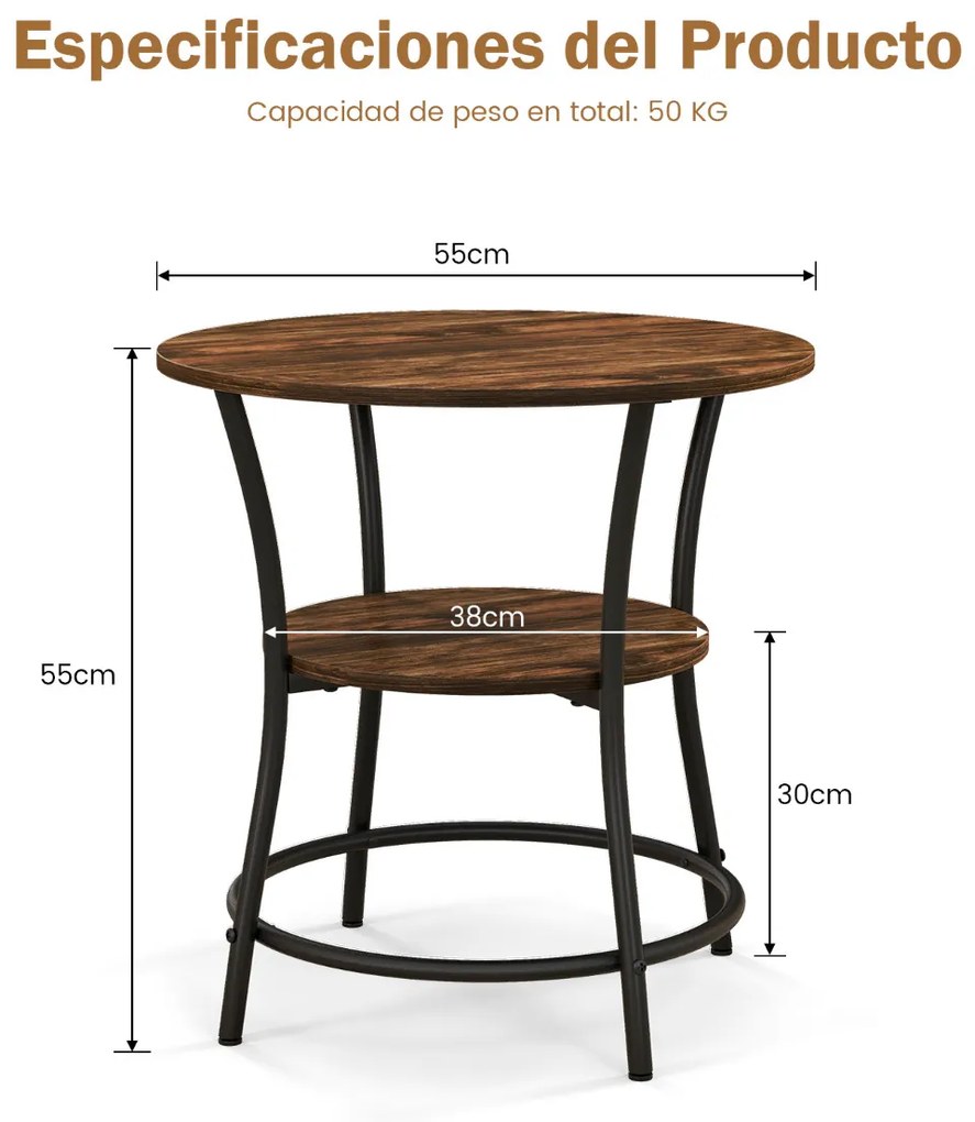 Mesa Lateral Redonda de 2 Camadas com Prateleira de Armazenamento Mesa Lateral com Armação de Metal para Sofá Quarto Sala de Estar castanha