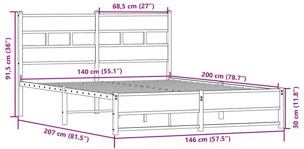 Estrutura de cama sem colchão 140x200 cm metal carvalho sonoma