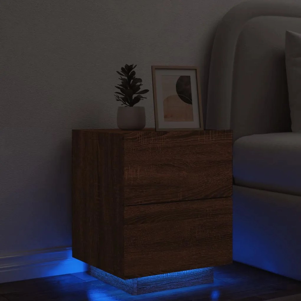 vidaXL Mesa cabeceira c/ luzes LED derivados madeira carvalho castanho