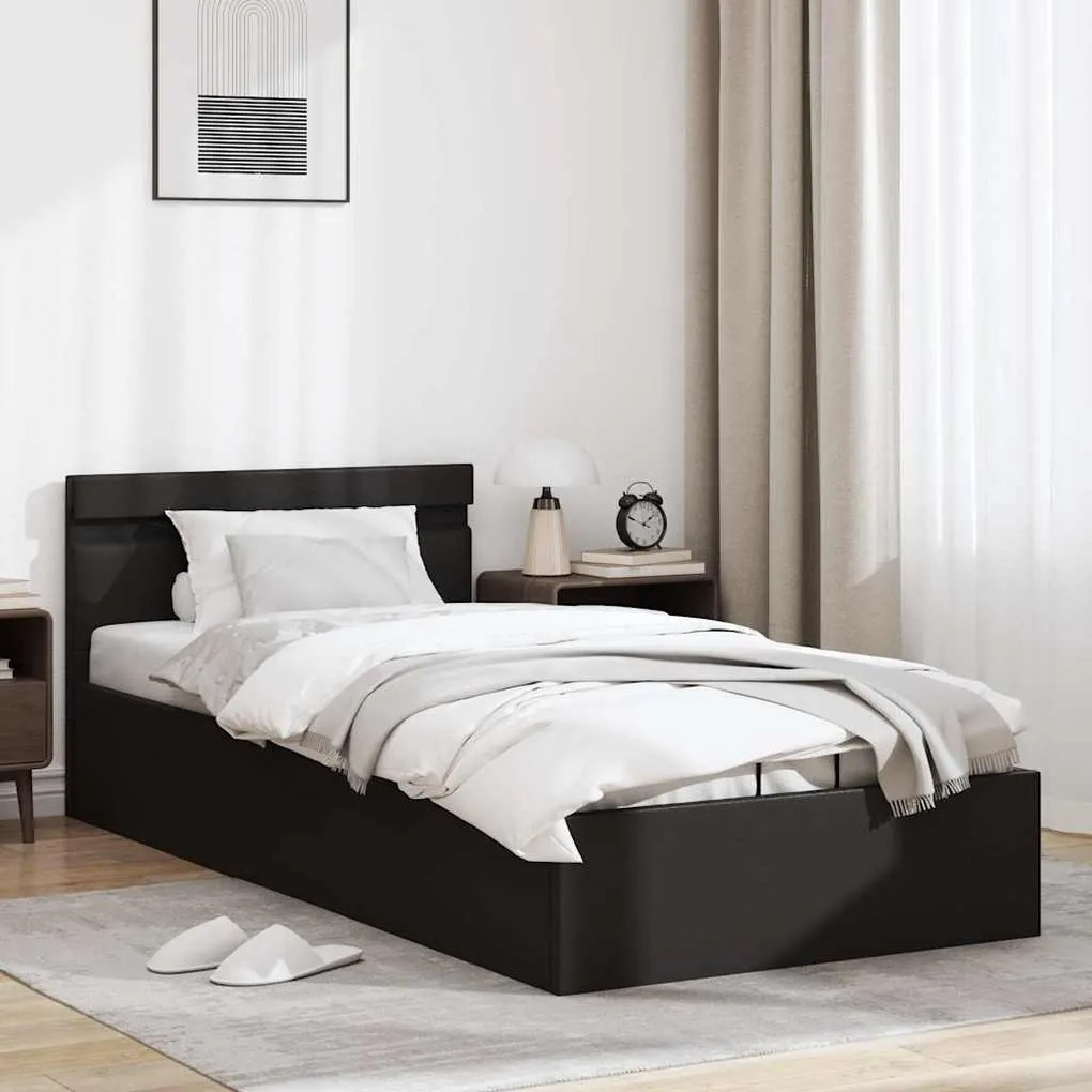 Cama hidráulica c/ arrumação LED 100x200cm couro artifi. preto