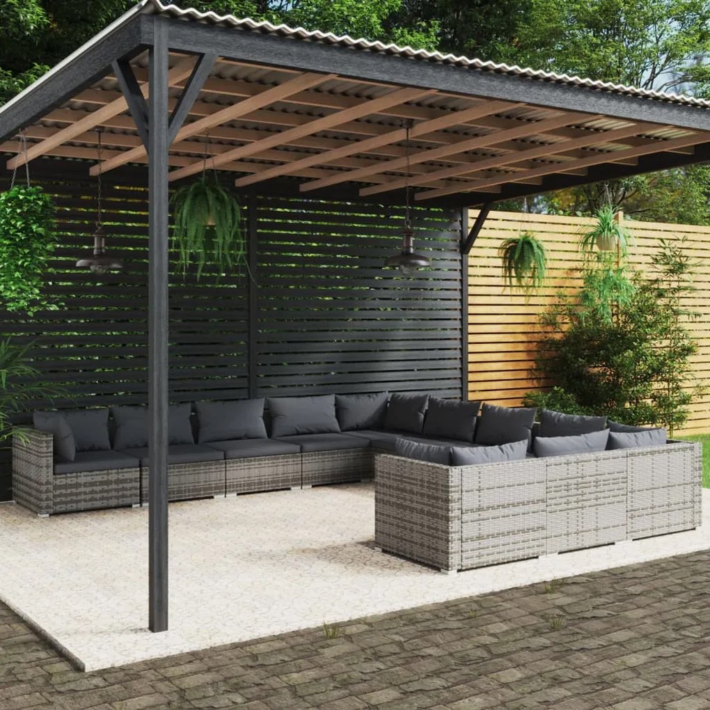 vidaXL 11 pcs conjunto lounge de jardim c/ almofadões vime PE cinzento