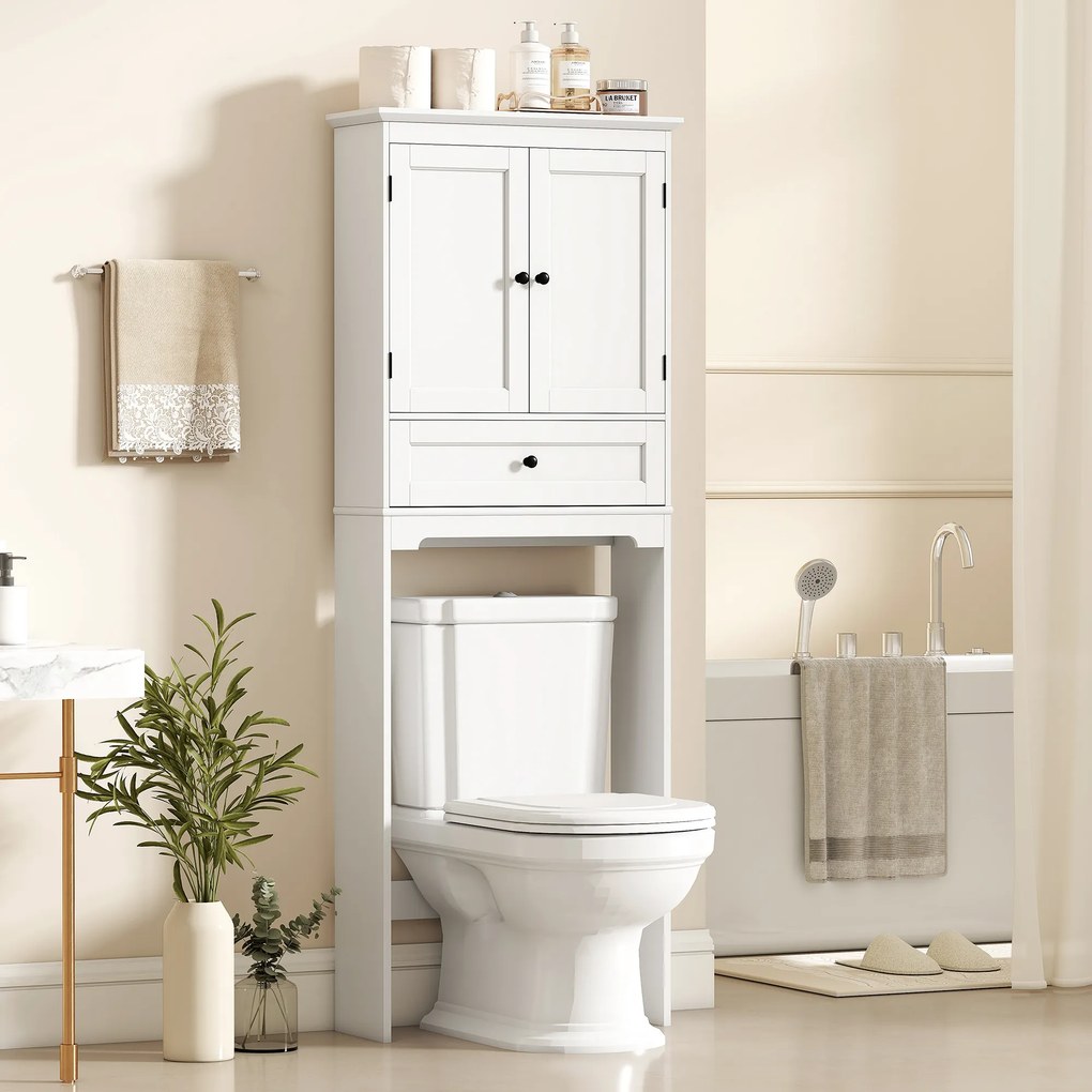 Móvel de casa de banho 62 x 23 x 168 cm com arrumação para cima da sanita, móvel de casa de banho com 2 portas, gaveta e prateleira ajustável, branco