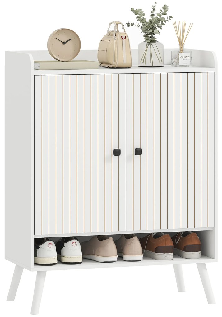 HOMCOM Sapateira de 2 Portas em Ripas Sapateira para Entrada com Prateleiras Ajustáveis Compartimento Aberto para 15 Pares de Sapatos 75x35x97 cm Branco