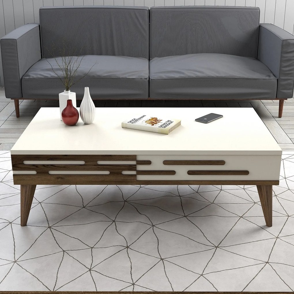 Mesa de Centro Valensiya – Nogueira e Creme – 105x60x34,6 cm