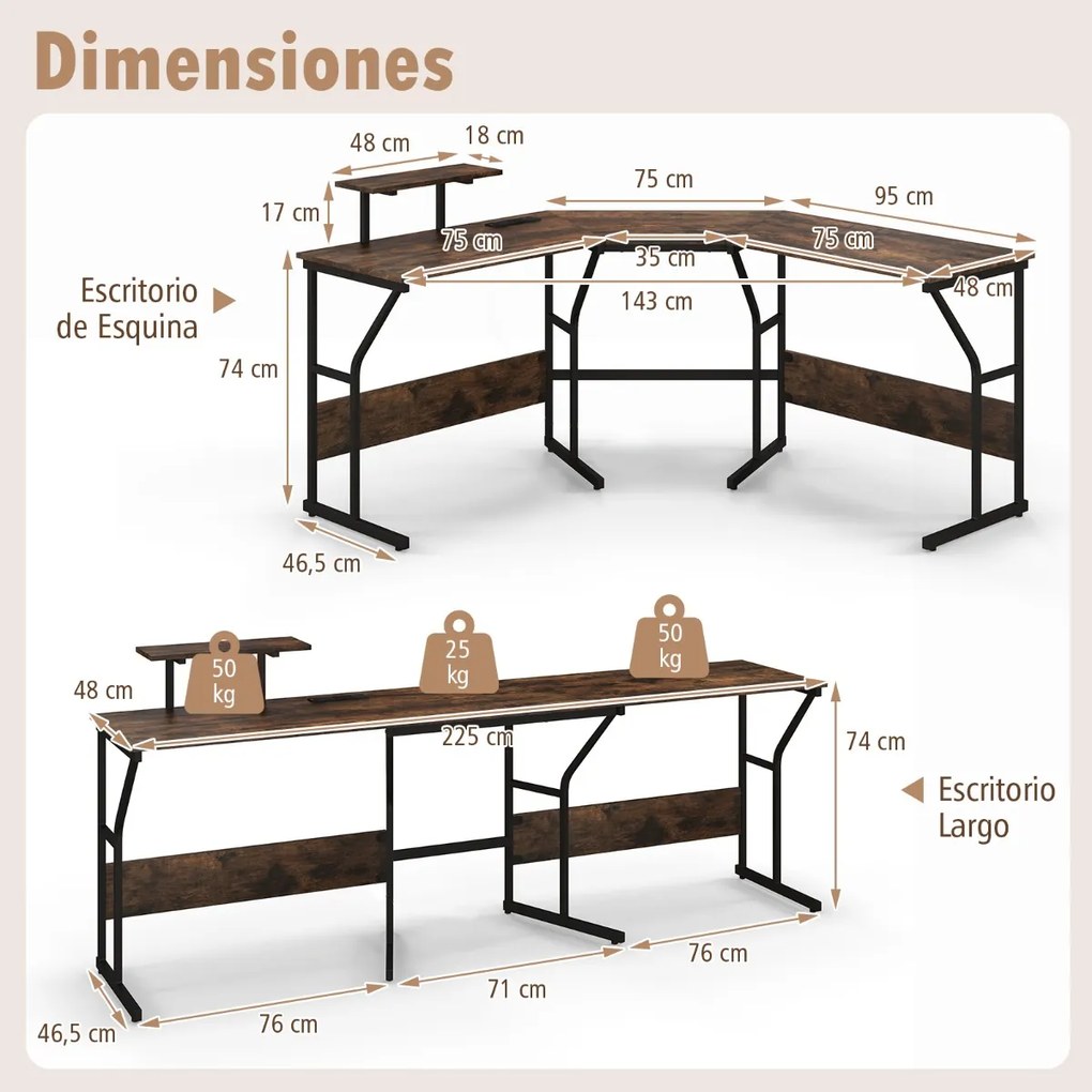 Secretária em forma de L com tomada eléctrica, portas USB e suporte móvel para monitor 225 cm Estação de trabalho para 2 pessoas Castanha