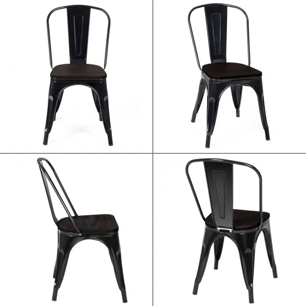 Conjunto 4 cadeiras empilháveis de metal com encosto e assento de madeira para casa cozinha bar 52 x 42 x 84 cm pretas