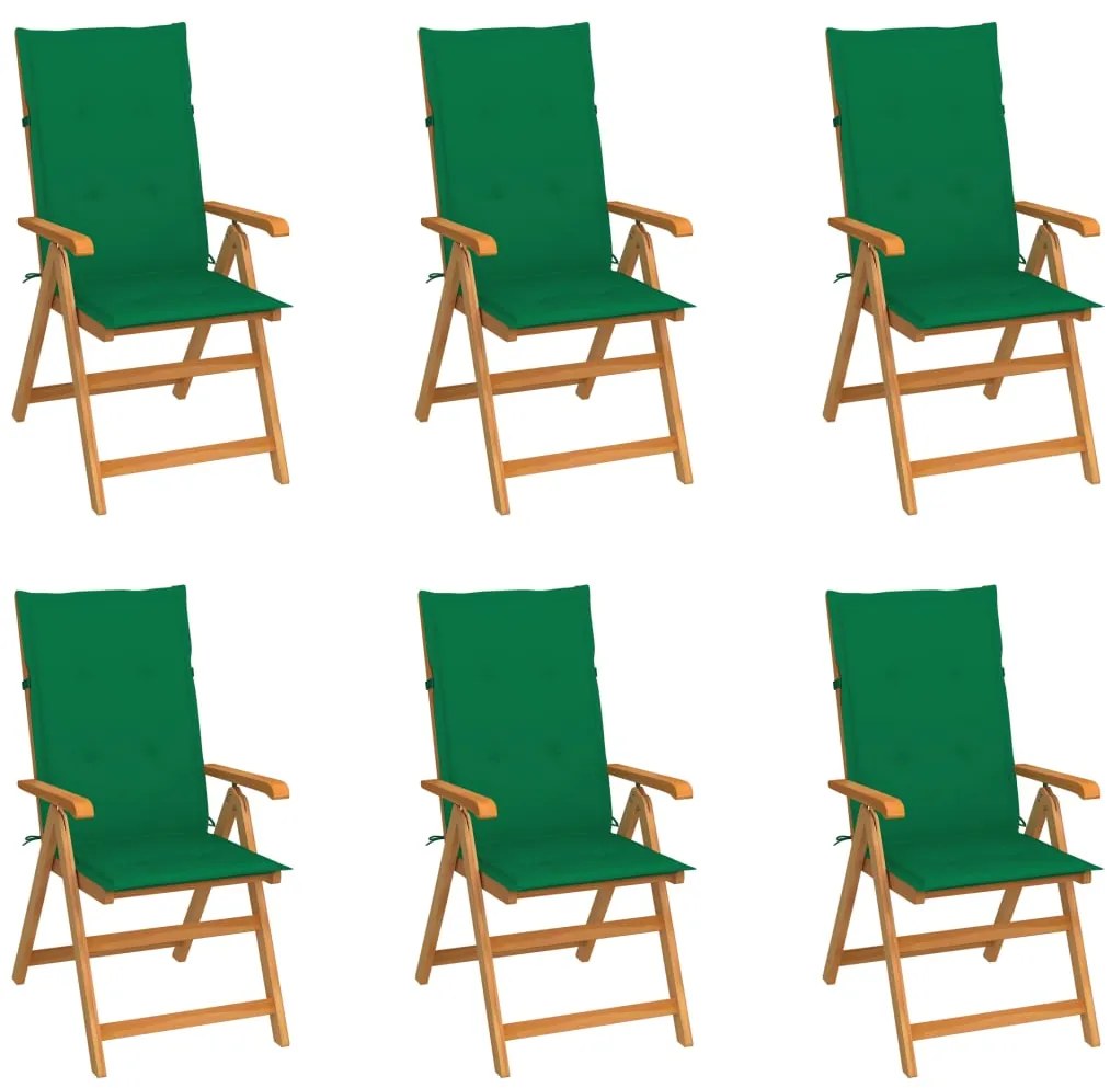 Cadeiras de jardim c/ almofadões verdes 6 pcs teca maciça