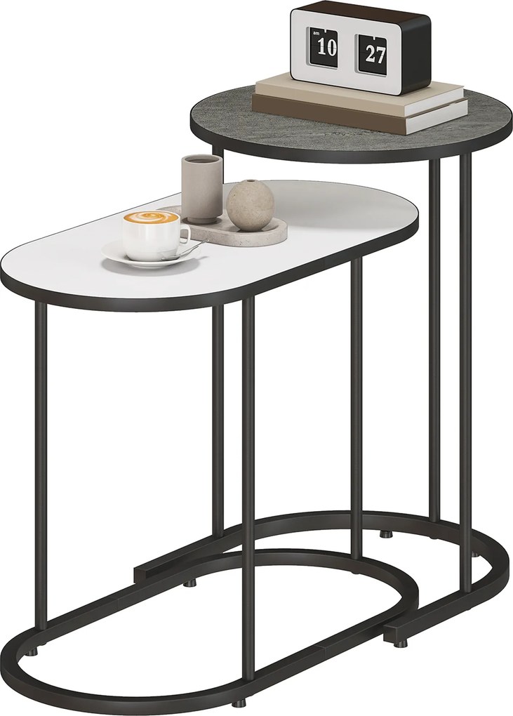 Conjunto de 2 mesas baixas encaixáveis, mesas auxiliares empilháveis de estilo contemporâneo, estrutura em metal cinzento e branco