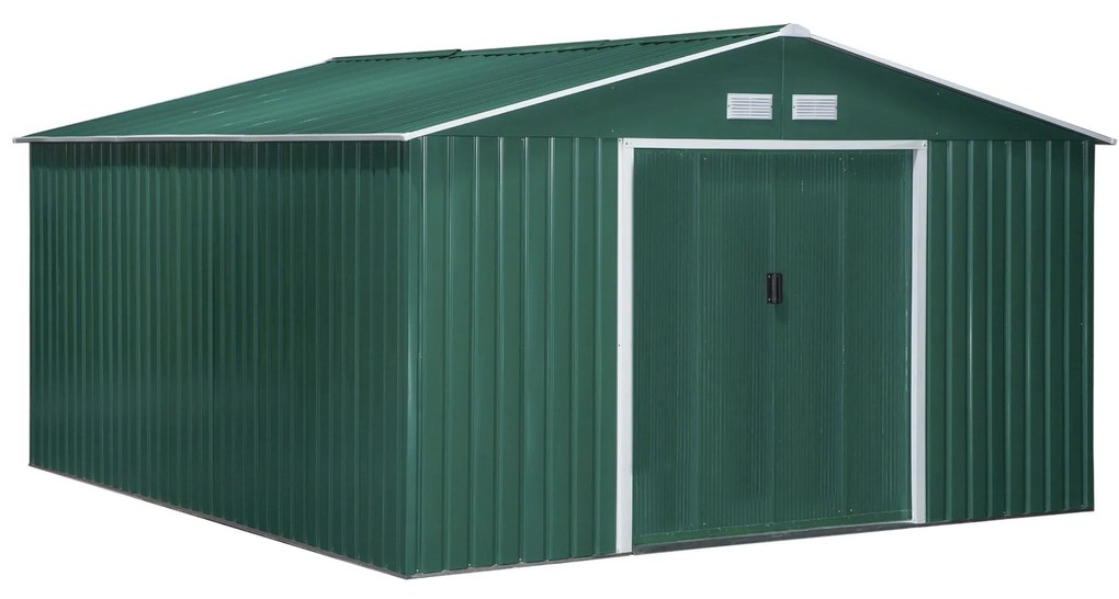 Outsunny Abrigo de Jardim Metálico 340x386x200cm Abrigo de Exterior para Armazenamento de Ferramentas com Base Incluida 4 Janelas de Ventilação e Porta Corredeira Verde