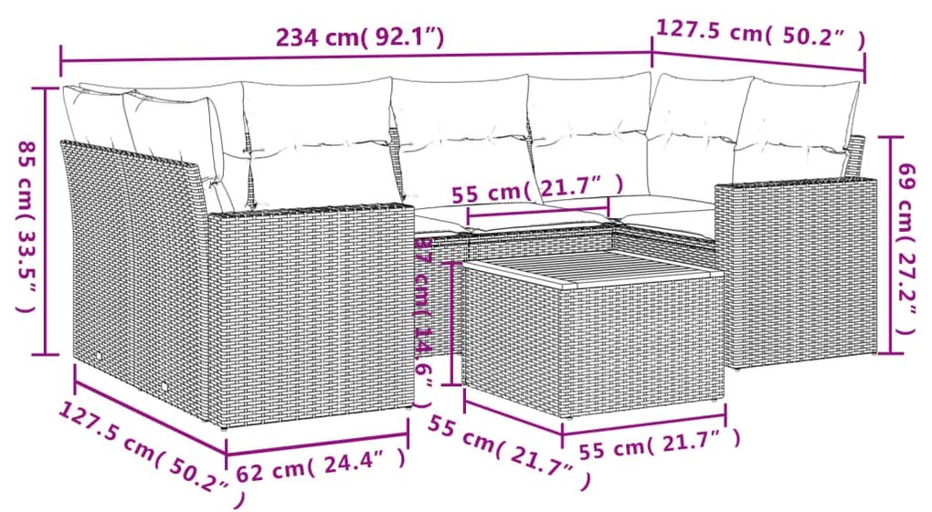 7 pcs conjunto de sofás p/ jardim com almofadões vime PE bege