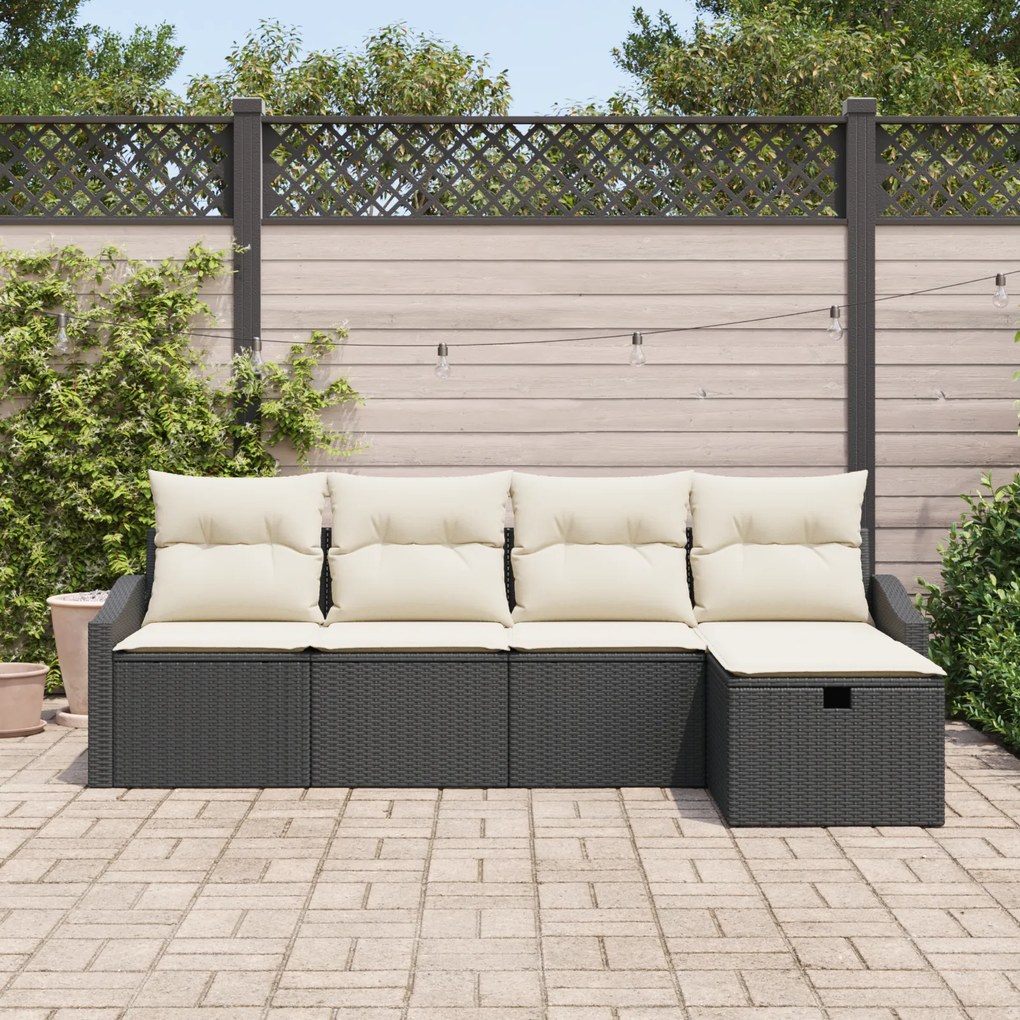 Conjunto de Sofá de Jardim de 5 Peças com Almofadas Preto Rattan Polié