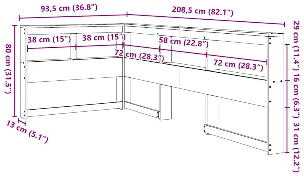 Estante cabeceira forma de L 75 cm pinho maciço castanho-mel