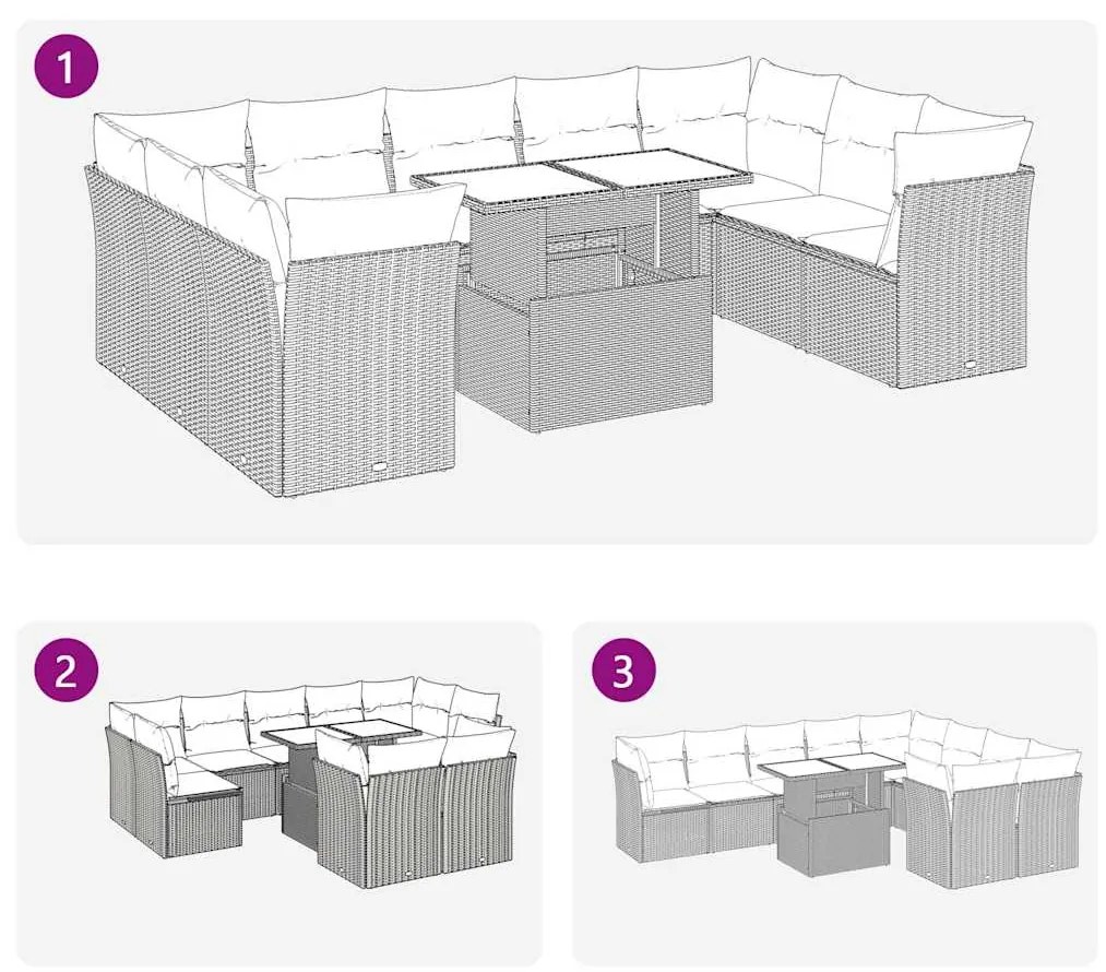 10 pcs conjunto sofás de jardim c/ almofadões vime PE preto