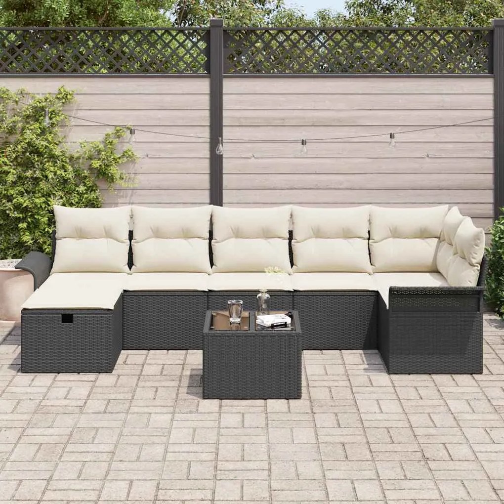 Conjunto de Sofá de Jardim de 8 Peças com Almofadas Preto Rattan