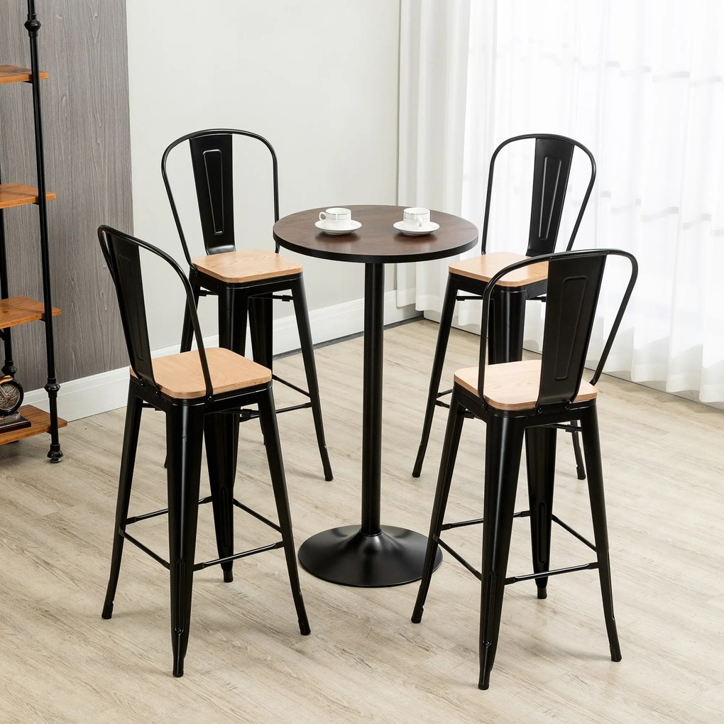 Conjunto de 4 bancos de bar com encosto e apoio para os pés, altura do assento 76 cm, metal preto, em imitação de madeira clara
